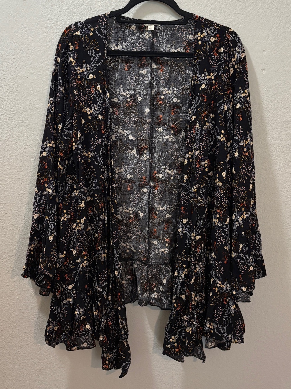 Black Floral Bell Sleeve Kimono Cardigan Boho Ruffle Size Large